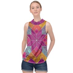 Ethnic Floral Mosaic Pattern High Neck Satin Top by Wegoenart