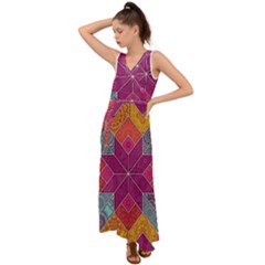 Ethnic Floral Mosaic Pattern V-neck Chiffon Maxi Dress by Wegoenart