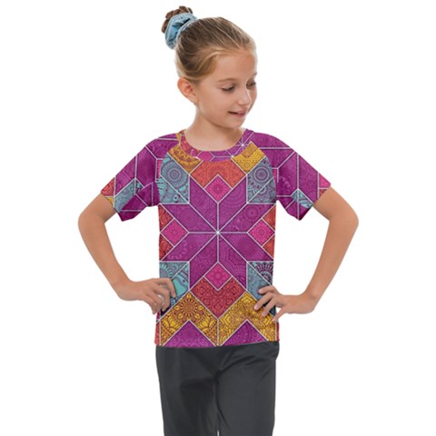 Ethnic Floral Mosaic Pattern Kids  Mesh Piece Tee by Wegoenart