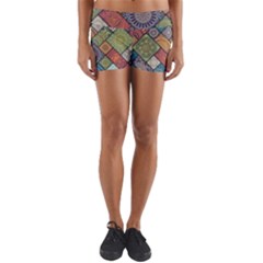 Diagonal Floral Tiles Pattern Yoga Shorts by Wegoenart