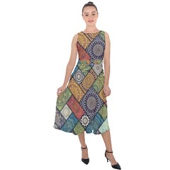 Diagonal Floral Tiles Pattern Midi Tie-back Chiffon Dress by Wegoenart