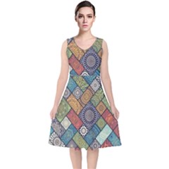 Diagonal Floral Tiles Pattern V-neck Midi Sleeveless Dress  by Wegoenart