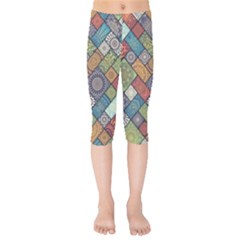 Diagonal Floral Tiles Pattern Kids  Capri Leggings  by Wegoenart