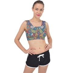 Diagonal Floral Tiles Pattern V-back Sports Bra