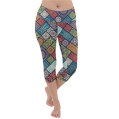 Diagonal Floral Tiles Pattern Lightweight Velour Capri Yoga Leggings by Wegoenart