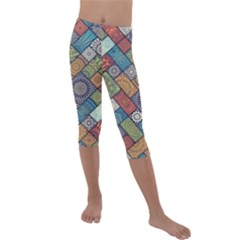 Diagonal Floral Tiles Pattern Kids  Lightweight Velour Capri Leggings  by Wegoenart