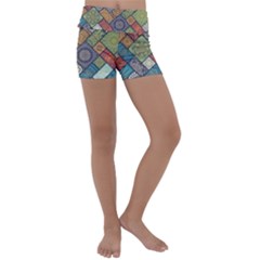 Diagonal Floral Tiles Pattern Kids  Lightweight Velour Yoga Shorts by Wegoenart