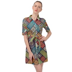 Diagonal Floral Tiles Pattern Belted Shirt Dress by Wegoenart