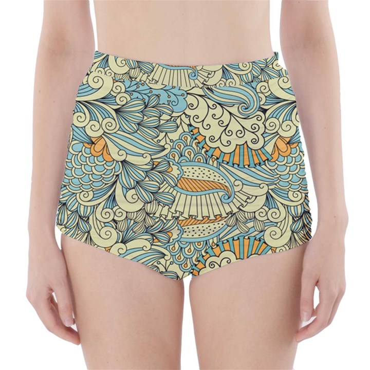 Light Colors Ethnic Decorative Pattern Batik High-Waisted Bikini Bottoms