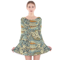 Light Colors Ethnic Decorative Pattern Batik Long Sleeve Velvet Skater Dress