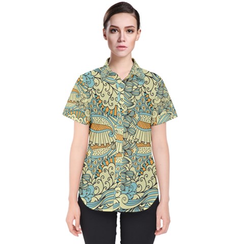 Light Colors Ethnic Decorative Pattern Batik Women s Short Sleeve Shirt by Wegoenart