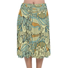 Light Colors Ethnic Decorative Pattern Batik Velvet Flared Midi Skirt by Wegoenart