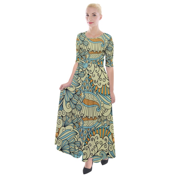 Light Colors Ethnic Decorative Pattern Batik Half Sleeves Maxi Dress