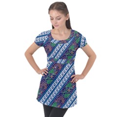 Indonesian Combination Batik With Dominant Blue Color Puff Sleeve Tunic Top by Wegoenart