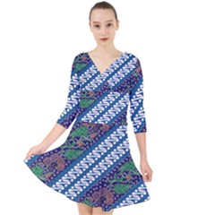 Indonesian Combination Batik With Dominant Blue Color Quarter Sleeve Front Wrap Dress by Wegoenart