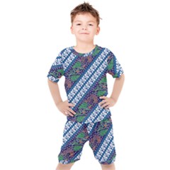 Indonesian Combination Batik With Dominant Blue Color Kids  Tee And Shorts Set by Wegoenart