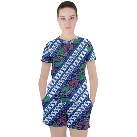 Indonesian Combination Batik With Dominant Blue Color Women s Tee And Shorts Set by Wegoenart