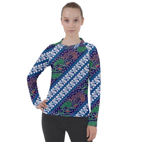 Indonesian Combination Batik With Dominant Blue Color Women s Pique Long Sleeve Tee by Wegoenart