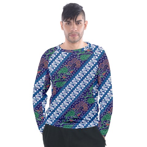 Indonesian Combination Batik With Dominant Blue Color Men s Long Sleeve Raglan Tee by Wegoenart