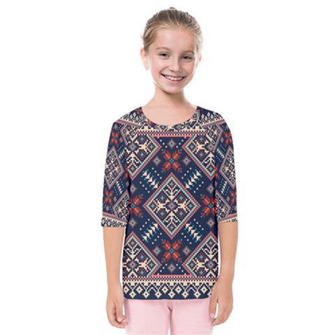 Ukrainian Folk Seamless Pattern Ornament Kids  Quarter Sleeve Raglan Tee by Wegoenart