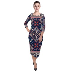 Ukrainian Folk Seamless Pattern Ornament Quarter Sleeve Midi Velour Bodycon Dress