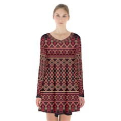 Illustration Ukrainian Folk Seamless Pattern Ornament Long Sleeve Velvet V-neck Dress