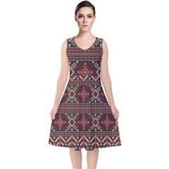 Ukrainian Folk Seamless Pattern Ornament V-neck Midi Sleeveless Dress 