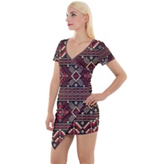 Ukrainian Folk Seamless Pattern Ornament Short Sleeve Asymmetric Mini Dress