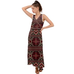 Ukrainian Folk Seamless Pattern Ornament V-neck Chiffon Maxi Dress