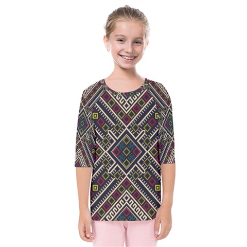 Zentangle Style Geometric Ornament Pattern Kids  Quarter Sleeve Raglan Tee by Wegoenart