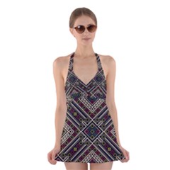 Zentangle Style Geometric Ornament Pattern Halter Dress Swimsuit 