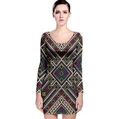 Zentangle Style Geometric Ornament Pattern Long Sleeve Velvet Bodycon Dress