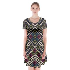 Zentangle Style Geometric Ornament Pattern Short Sleeve V-neck Flare Dress