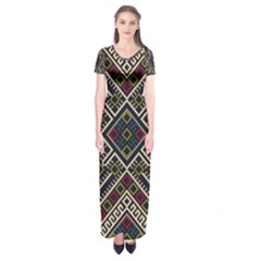 Zentangle Style Geometric Ornament Pattern Short Sleeve Maxi Dress