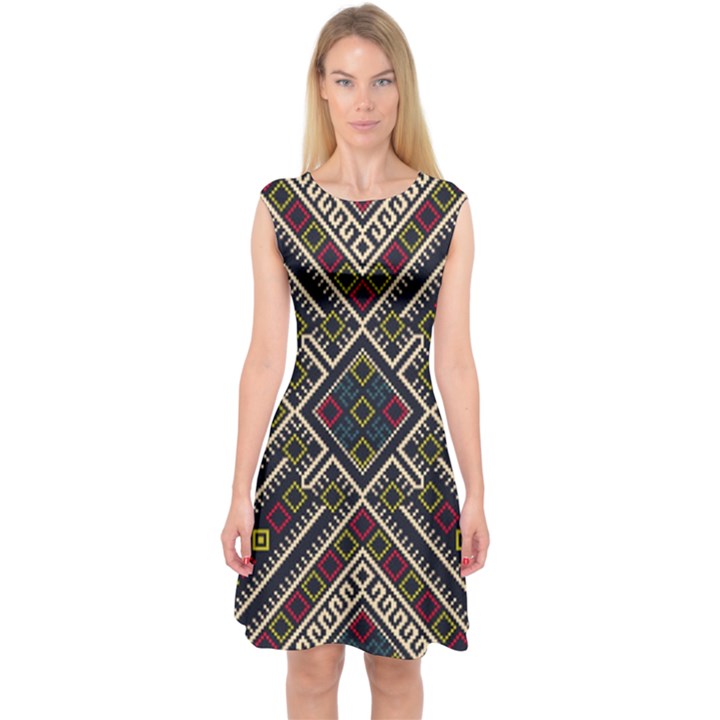 Zentangle Style Geometric Ornament Pattern Capsleeve Midi Dress