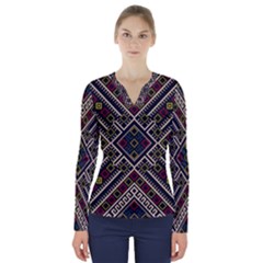 Zentangle Style Geometric Ornament Pattern V-neck Long Sleeve Top by Wegoenart