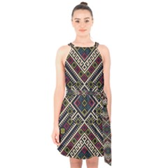 Zentangle Style Geometric Ornament Pattern Halter Collar Waist Tie Chiffon Dress