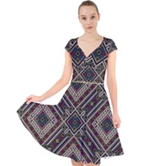 Zentangle Style Geometric Ornament Pattern Cap Sleeve Front Wrap Midi Dress