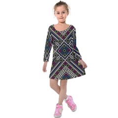 Zentangle Style Geometric Ornament Pattern Kids  Long Sleeve Velvet Dress