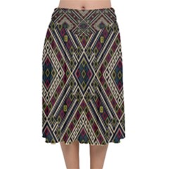 Zentangle Style Geometric Ornament Pattern Velvet Flared Midi Skirt