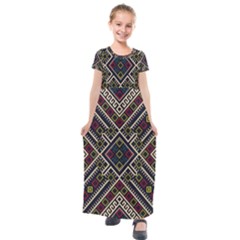 Zentangle Style Geometric Ornament Pattern Kids  Short Sleeve Maxi Dress