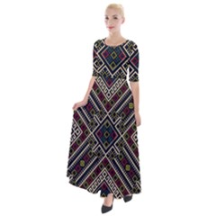 Zentangle Style Geometric Ornament Pattern Half Sleeves Maxi Dress