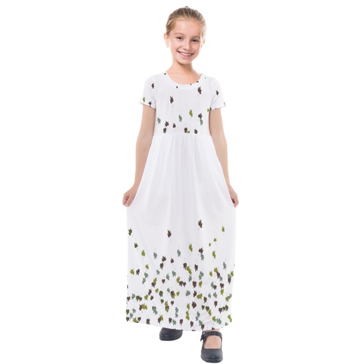 Multicolor Leaves Motif Pattern Print Kids  Short Sleeve Maxi Dress