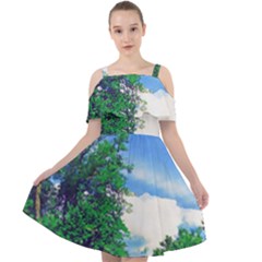 The Deep Blue Sky Cut Out Shoulders Chiffon Dress