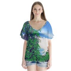 The Deep Blue Sky V-neck Flutter Sleeve Top by Fractalsandkaleidoscopes