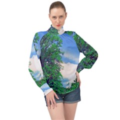 The Deep Blue Sky High Neck Long Sleeve Chiffon Top by Fractalsandkaleidoscopes