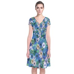 Fantasy Garden Blue Short Sleeve Front Wrap Dress