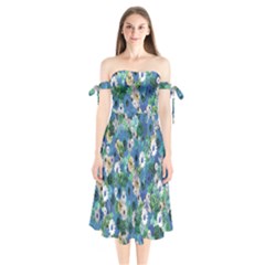 Fantasy Garden Blue Shoulder Tie Bardot Midi Dress