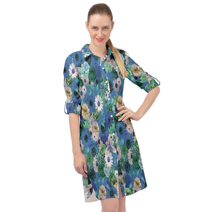 Fantasy Garden Blue Long Sleeve Mini Shirt Dress