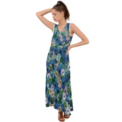 Fantasy Garden Blue V-Neck Chiffon Maxi Dress